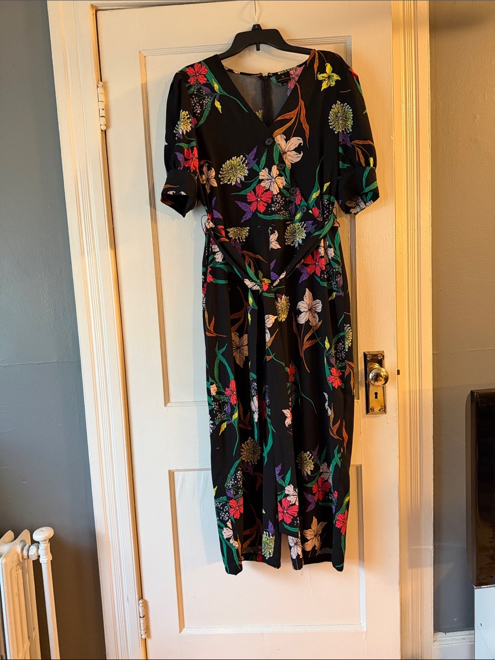 Worthington Black Floral Wrap-Style Jumpsuit with Tie